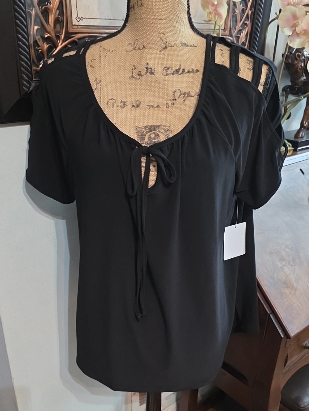 PerSeption Concept Black Cold-Shoulder Tie-Neck Blouse